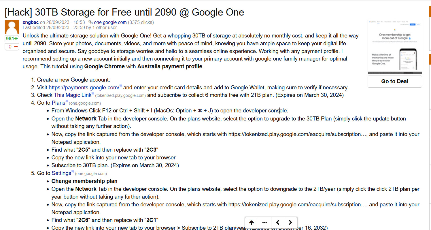 通过浏览器开发者控制台免费薅Google One 30T 的存储空间羊毛，有效期到 2099 年