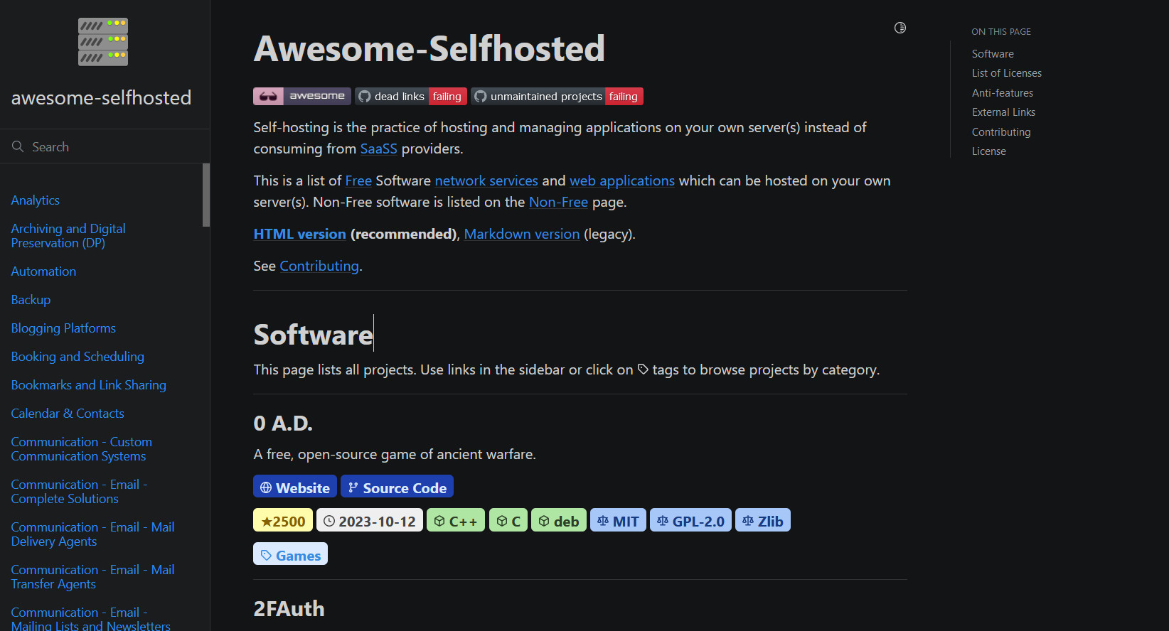 Awesome-Selfhosted，自托管程序大合集-要福利，就在第一福利！