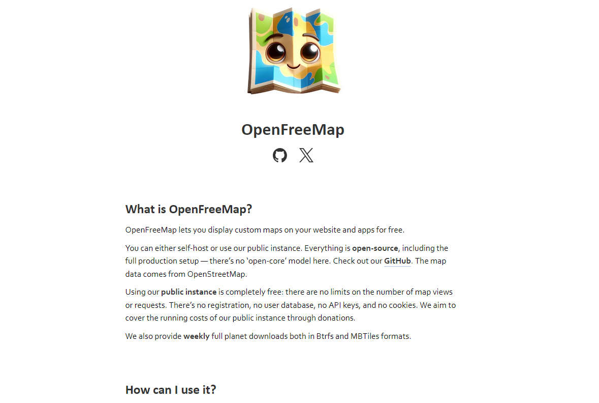 OpenFreeMap，开源地图服务，支持在网站和应用程序上免费显示自定义地图