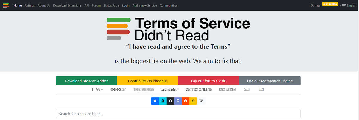 Terms of Service, Didn’t Read，帮你解读各大网站 Terms of Service 的网站