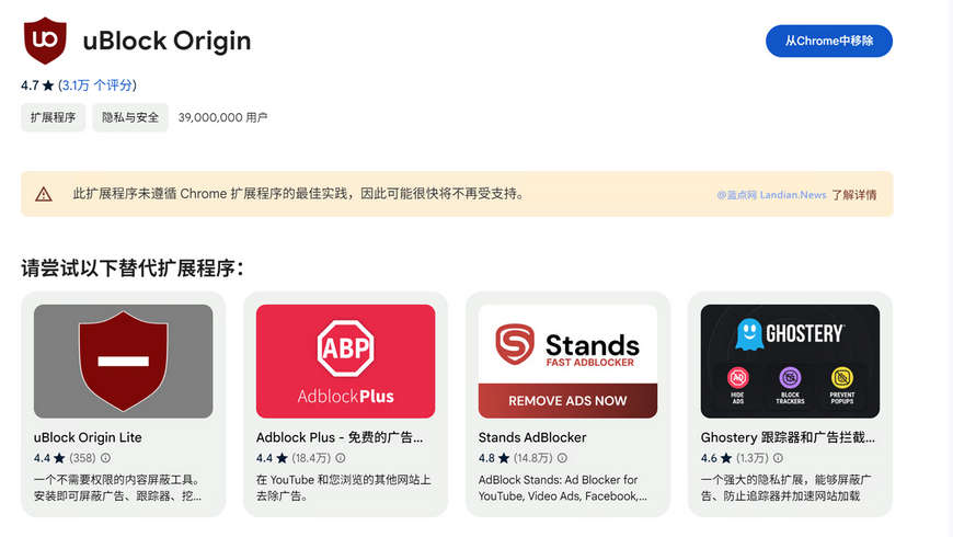 Chrome浏览器商店开始警告uBlock Origin等广告拦截程序将被删除