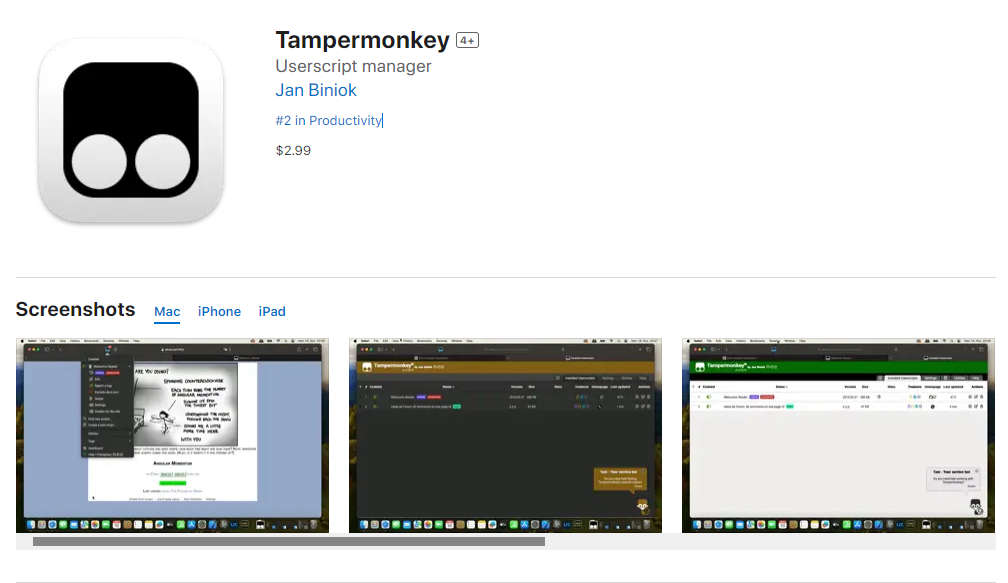 Tampermonkey 上架 App Store，售价2.99美元（中国区 22元）